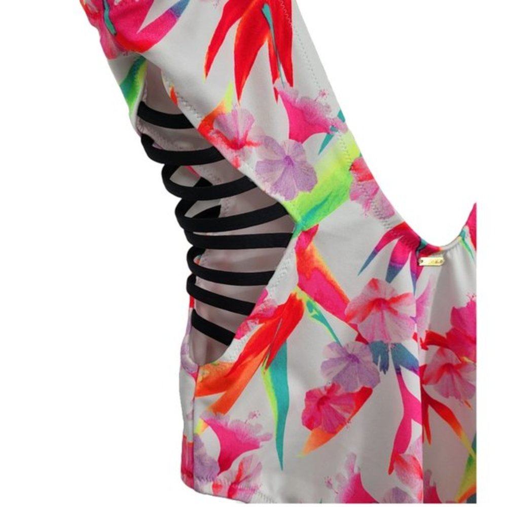 Victorias Secret PINK Large Neon Pink Tropical‎ Strappy Side One Piece Swim Suit - Picture 2 of 4